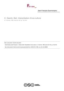 C. Geertz, Bali. Interprétation d une culture  ; n°94 ; vol.25, pg 182-185