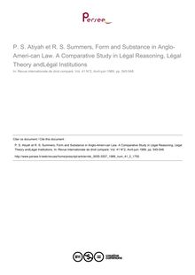 P. S. Atiyah et R. S. Summers, Form and Substance in Anglo-Ameri-can Law. A Comparative Study in Légal Reasoning, Légal Theory andLégal Institutions - note biblio ; n°2 ; vol.41, pg 545-548