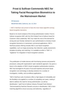 Frost & Sullivan Commends NEC for Taking Facial Recognition Biometrics to the Mainstream Market