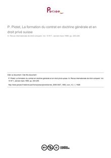 P. Piotet, La formation du contrat en doctrine générale et en droit privé suisse - note biblio ; n°1 ; vol.10, pg 244-245
