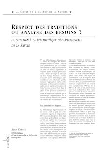 RESPECT DES TRADITIONS OU ANALYSE DES BESOINS ?