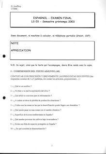 Espagnol pratique et examen international 2003 Université de Technologie de Belfort Montbéliard