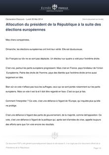 Discours de François Hollande suite aux élections européennes