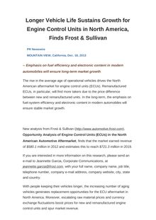 Longer Vehicle Life Sustains Growth for Engine Control Units in North America, Finds Frost & Sullivan