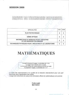 Mathématiques 2009 BTS Électrotechnique