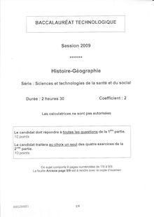 Histoire - Géographie 2009 S.T.2.S (Sciences et technologies de la santé et du social) Baccalauréat technologique