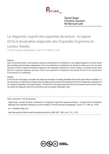 Le diagnostic cognitif des capacités de lecture : le logiciel ECCLA (Evaluation diagnostic des Capacités Cognitives du Lecteur Adulte) - article ; n°1 ; vol.113, pg 19-29