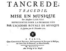 Partition Title page, tables, Tancrède, Campra, André