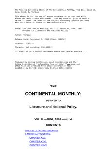 The Continental Monthly, Vol III, Issue VI, June, 1863 - Devoted to Literature and National Policy