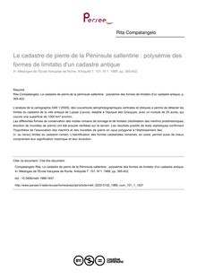 Le cadastre de pierre de la Péninsule sallentine : polysémie des formes de limitatio d un cadastre antique - article ; n°1 ; vol.101, pg 365-402