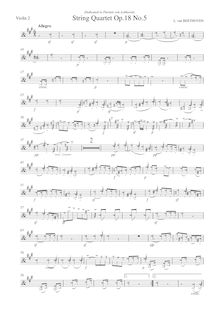 Partition violon 2, corde quatuor No.5, Op.18/5, A major, Beethoven, Ludwig van