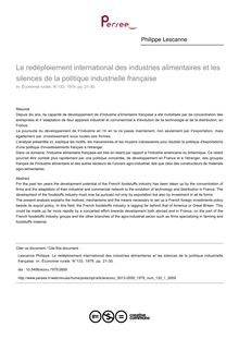 Le redéploiement international des industries alimentaires et les silences de la politique industrielle française - article ; n°1 ; vol.133, pg 21-30