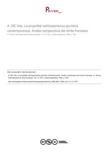 A. DE Vita, La propriété nelVesperienza giuridica contemporanea. Analisi comparativa del diritto francese - note biblio ; n°3 ; vol.21, pg 6123-6123