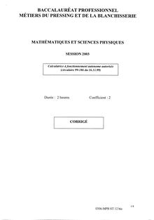 Corrige BACPRO METIERS PRESSING Mathematiques et sciences physiques 2003