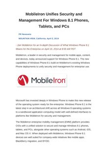 MobileIron Unifies Security and Management For Windows 8.1 Phones, Tablets, and PCs