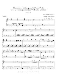 Partition No.6 en G major, 6 Sonates faciles, Six SONATES Faciles Pour le Piano Forte AVEC ACCOMPAGNEMENT de Violon Ad Libitum