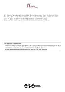 E. Selvig, Unit Limitation of CarriefsLiability. The Hague Rules art. IV (5). A Study in Comparative Maritime Lazv - note biblio ; n°4 ; vol.13, pg 899-900