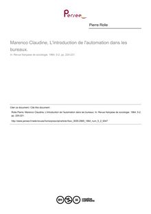Marenco Claudine, L introduction de l automation dans les bureaux.  ; n°2 ; vol.5, pg 220-221