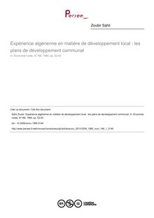 Expérience algérienne en matière de développement local : les plans de développement communal - article ; n°1 ; vol.166, pg 52-53