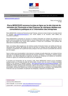 Pierre Moscovici annonce la mise en ligne sur le site internet du ministère de l’Economie et des Finances de rubriques dédiées aux  consultations publiques et à l’information des entreprises (communiqué de presse)