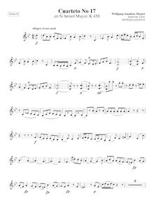 Partition violon II, corde quatuor No.17, Hunt Quartet, B♭ major