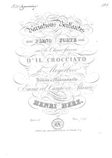 Partition complète, Variations Brillantes sur le Choeur Favori de  Il Crociato  de Meyerbeer, Op.23