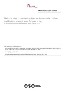 Nation et religion chez les immigrés iraniens en Italie / Nation and Religion among Iranian Emigres in Italy - article ; n°1 ; vol.68, pg 27-37