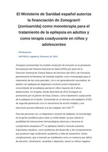 El Ministerio de Sanidad español autoriza la financiación de Zonegran® (zonisamida) como monoterapia para el tratamiento de la epilepsia en adultos y como terapia coadyuvante en niños y adolescentes