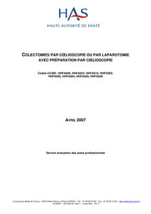 Colectomies par cœlioscopie ou par laparotomie avec préparation par cœlioscopie - Rapport Colectomies par cœlioscopie