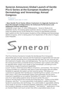 Syneron Announces Global Launch of Gentle Pro-U Series at the European Academy of Dermatology and Venereology Annual Congress