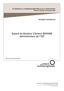 Exposé de Monsieur Clément DUHAIME Administrateur de l OIF