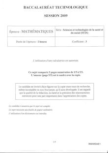 Mathématiques 2009 S.T.2.S (Sciences et technologies de la santé et du social) Baccalauréat technologique