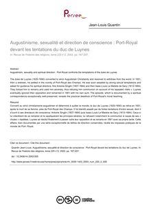 Augustinisme, sexualité et direction de conscience : Port-Royal devant les tentations du duc de Luynes - article ; n°2 ; vol.220, pg 167-207