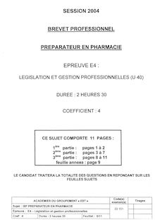 Legislation et gestion professionnelles 2004 BP - Préparateur en pharmacie