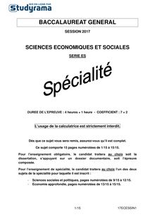 Sujet Bac ES 2017 Pondichéry  - Spécialité :  Sciences Economiques et Sociales