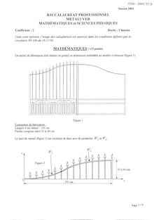 Mathématiques et sciences physiques 2003 Bac Pro - Bâtiment : métal aluminium verre et matériaux de synthèse