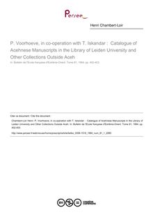 P. Voorhoeve, in co-operation with T. Iskandar :  Catalogue of Acehnese Manuscripts in the Library of Leiden University and Other Collections Outside Aceh - article ; n°1 ; vol.81, pg 402-403