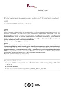 Perturbations du langage après lésion de l hémisphère cérébral droit - article ; n°1 ; vol.93, pg 85-112