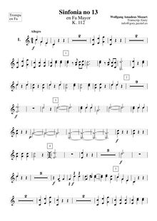 Partition cor 1/2 (en F), Symphony No.13, F major, Mozart, Wolfgang Amadeus