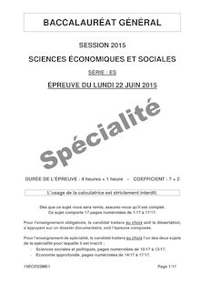 Bac 2015: sujet Sciences Economiques et Sociales Bac ES Spécialité