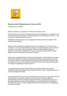 Renault - Recrutement de 1000 personnes prévu pour 2015 en France