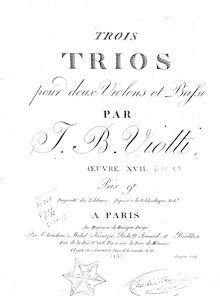 Partition violon 1, 3 Trios pour 2 Violons et Violoncelle, Viotti, Giovanni Battista