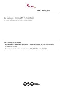 Le Canada, d après Mr A. Siegfried - article ; n°263 ; vol.46, pg 518-520