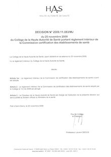 Commission de Certification des Établissements de Santé (CCES) - Règlement intérieur de la commission certification des établissements de santé - Décision n°2009.11.83/MJ du 25 novembre 2009