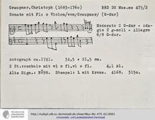 Partition complète et partition de violon, flûte ou violon Sonata en G major