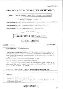 Mathématiques 2004 Bac Pro - Secrétariat