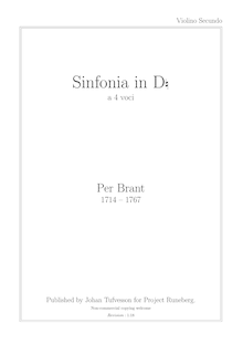 Partition violon 2, Sinfonia en D en 4 voix, Brant, Per