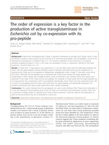 The order of expression is a key factor in the production of active transglutaminase in Escherichia coliby co-expression with its pro-peptide