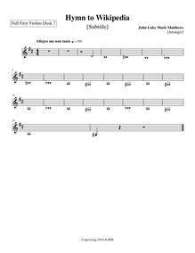 Partition violons I, Desk 7, Hymn to Wikipedia, D major, Matthews, John-Luke Mark