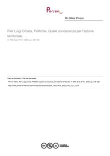 Pier Luigi Crosta, Politiche. Quale conoscenza per l azione territoriale.  ; n°1 ; vol.12, pg 126-128
